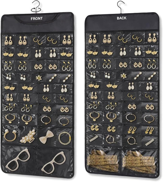 FOREGOER Hanging Jewelry Organizer with 88 Zippered Pockets, Dustproof Foldable for Travel, Accessories Organizer for Holding Jewelries, Earring Organizers and Storage (Black)