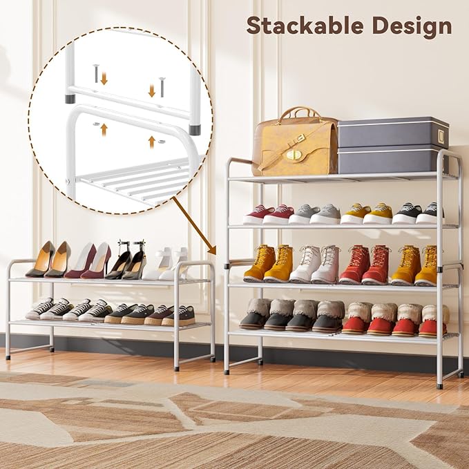 Standard Shoe Rack 2-Tier 32.5 Inches Wide, Free Standing Shoe Organizer for Indoor Outdoor | Adjustable Heavy-Duty Metal Shelf Ideal for Home Entryway Closet & Garage Balcony | White