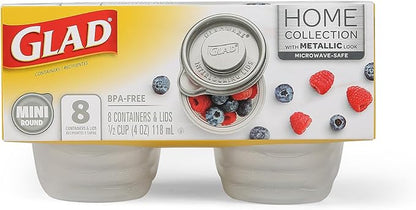 Glad GladWare Home Collection Mini Round Food Storage Containers, Small BPA Free Plastic with Silver Metallic Lid, Snack and Portion Control Containers, Microwave Dishwasher Safe, 4 Oz, 8 Ct - 12 Pk