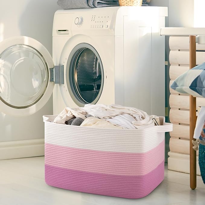 OIAHOMY Extra Large Blanket Basket, 95L Cotton Rope Woven Laundry Basket, Toy Bin for Baby Room, Container for Blanket Storage in Living Room, 24''×17''×14'', Gradient Pink