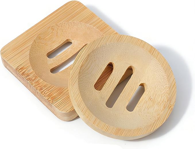 Ymapinc 2-Pack Natural Bamboo Soap Holder, Round+Square Bamboo Soap Dish & Shower Steamer Holder, Wood Tray for Home Shower Bathroom