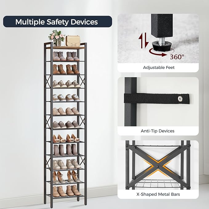 YATINEY 12-Tier Narrow Shoe Rack, Tall Shoe Rack for 12-24 Pairs, Slim Shoe Storage Organizer with Wooden Top, Space Saving, Metal Frame, for Entryway, Rustic Brown and Black SS61BR