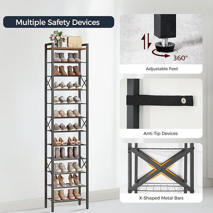 YATINEY 12-Tier Narrow Shoe Rack, Tall Shoe Rack for 12-24 Pairs, Slim Shoe Storage Organizer with Wooden Top, Space Saving, Metal Frame, for Entryway, Rustic Brown and Black SS61BR