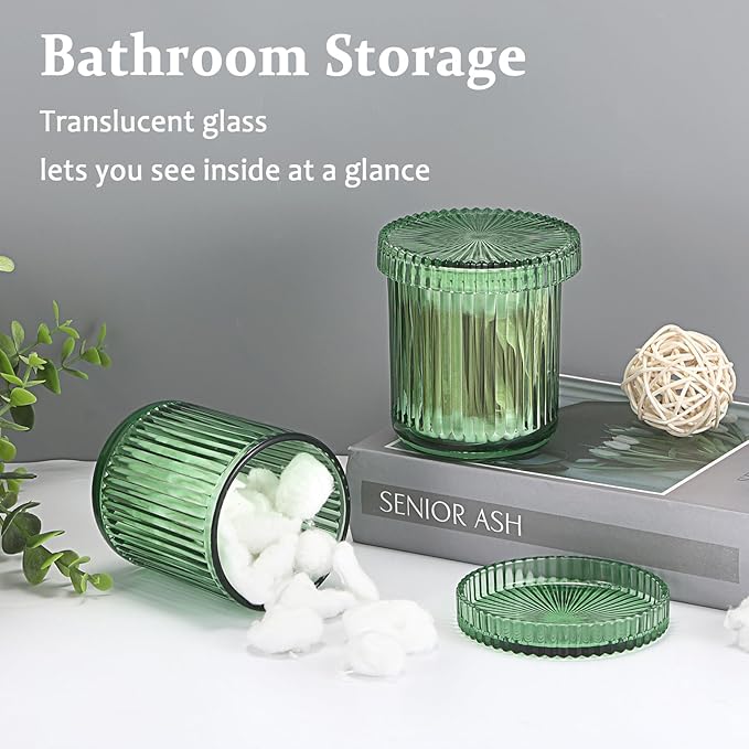 Hipiwe 2 Pcs Qtip Holders Bathroom Dispenser Glass Apothecary Jars with Lids Cotton Swab Holder Bathroom Canisters for Cotton Swabs Balls Round Pad, Vanity Organizer and Storage Decor, Green