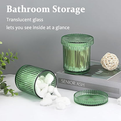Hipiwe 2 Pcs Qtip Holders Bathroom Dispenser Glass Apothecary Jars with Lids Cotton Swab Holder Bathroom Canisters for Cotton Swabs Balls Round Pad, Vanity Organizer and Storage Decor, Green