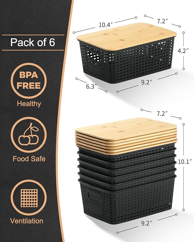 EOENVIVS Storage Bins with Bamboo Lids, 6 Pack Plastic Storage Baskets and Storage Containers, Storage Baskets for Organizing Shelves Drawers Desktop Closet Playroom Classroom Office Home, Black