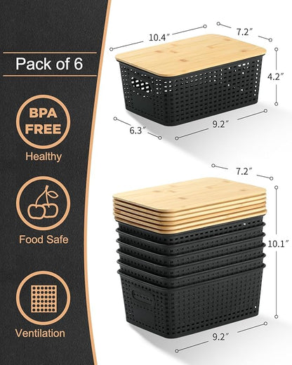 EOENVIVS Storage Bins with Bamboo Lids, 6 Pack Plastic Storage Baskets and Storage Containers, Storage Baskets for Organizing Shelves Drawers Desktop Closet Playroom Classroom Office Home, Black