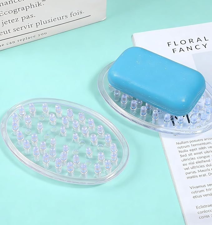 Clear Soap Dish 2 Pack, Plastic Soap Holder for Shower, Food-Grade PVC Oval Saver with Raised Peg Draining, Non-Slip Sponge Holder for Bathroom Kitchen Counter
