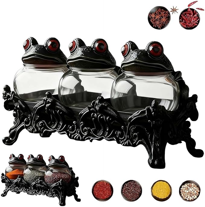 Handcrafted Witchy Frog Apothecary Spice Jars,Gothic Food Storage Containers, Frog Spice Jar Set for Salt Pepper and Herbs,3 Piece Spice Cellars, Kitchen Décor for Spices, Tea Leaves