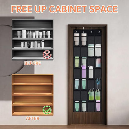 NiHome 28-Pocket Over-the-Door Organizer Fit for Stanley Cups, Large Tumblers, Water Bottles, Travel Mugs, Lids, Space-Saving Elastic Mesh Bottle Holder for Kitchen, Pantry, RV, Cabinet Doors (Black)
