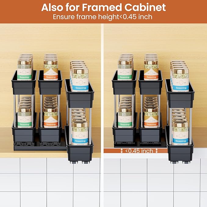 Mystozer Pull Out Spice Rack Organizer for Cabinet, Slide Out Spice Racks Organizer, Easy to Install Spice Cabinet Organizers, 2.3''Wx10.66''Dx8.11''H, 3 Packs - 2 Tiers (Black)