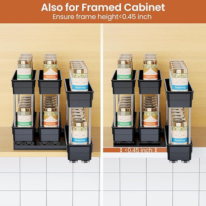 Mystozer Pull Out Spice Rack Organizer for Cabinet, Slide Out Spice Racks Organizer, Easy to Install Spice Cabinet Organizers, 2.3''Wx10.66''Dx8.11''H, 3 Packs - 2 Tiers (Black)