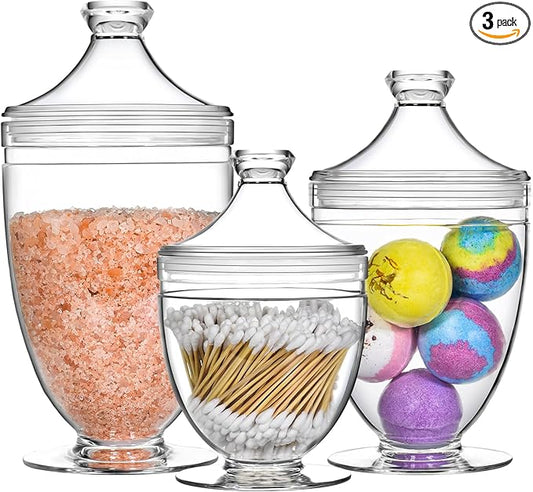 Acrylic Apothecary Jars with Lids, 3-Piece Vanity Organizer Canisters, Storage Container Jars for Bathroom, Laundry Room, Kitchen, Candy Buffet