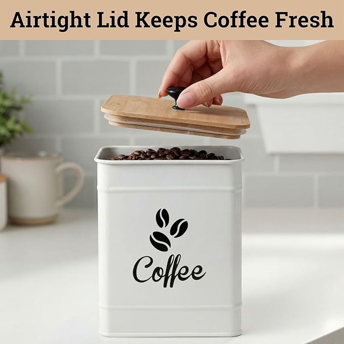 Airtight Coffee Canister - 40 oz Large Iron White Coffee Container Airtight - 6 x 8 inch Metal Jar - Stylish Countertop Container for Coffee Grounds, Beans, Pods & More with Rubber-Lined Bamboo Lid