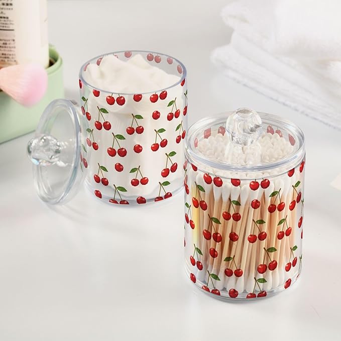 ALAZA 2pcs Red Cherry with Green Leaves Qtip Holder Dispenser 14 oz Bathroom Storage Clear Apothecary Jars Containers Cotton Ball,Cotton Rounds,Floss Picks, Hair Clips, Food