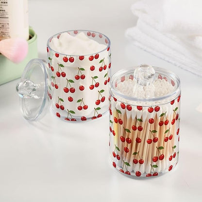ALAZA 2pcs Red Cherry with Green Leaves Qtip Holder Dispenser 14 oz Bathroom Storage Clear Apothecary Jars Containers Cotton Ball,Cotton Rounds,Floss Picks, Hair Clips, Food