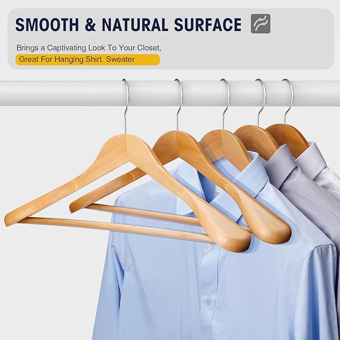Wooden Suit Hangers 10 Pack - Heavy Duty Wide Shoulder Hangers With Non Slip Pants Holder for Men, Women, Coats, Jackets (Natural)