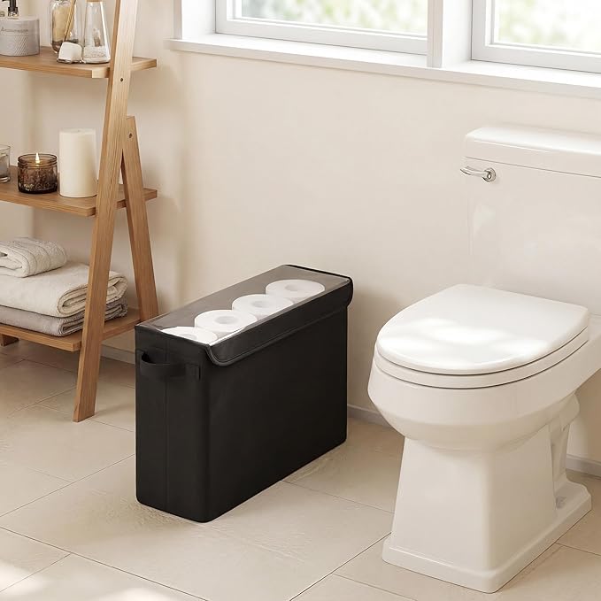 Cupic Cupid Toilet Paper Storage Baskets, Bathroom Toilet Paper Storage with Lid, Holds 12 Regular or 9 Mega Rolls, Slim Toilet Tissue Holder Basket with Clear PVC Lid and Handles, Black