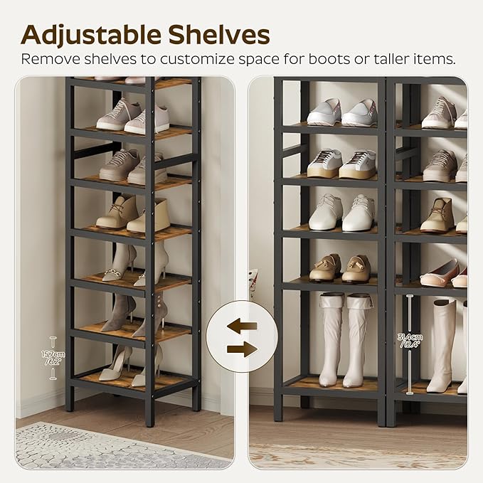 YATINEY 12-Tier Tall Shoe Rack, Vertical Shoe Organizer for Small Spaces, Wooden Shoe Shelf for Entryway, Space Saving Shoe Storage, Holds 12 Pairs of Shoes, Rustic Brown and Black SS52BR