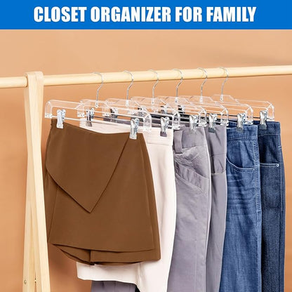 Amber Home 24 Pack Clear Plastic Pants Hangers, Skirt Hangers with 2 Adjustable Clips for Jeans, Slacks & Shorts, Crystal Clear Clothes Hangers with 360° Swivel Hook