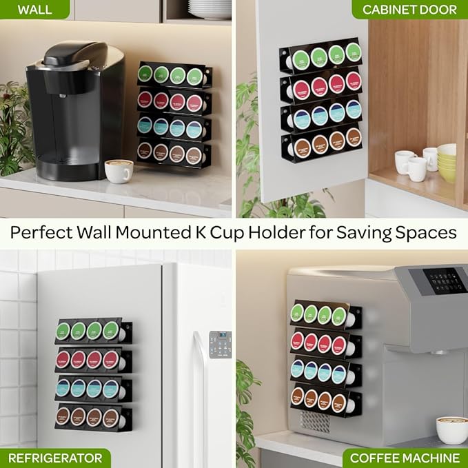 LifeMoreasy K Cup Holders, Acrylic Coffee Pods Organizer Stand Magnetic & Self-Adhesive Wall Mounted K Cup Stand for Kitchen Wall, Cabinet, Fridge (4 Pack for 16 Pods)