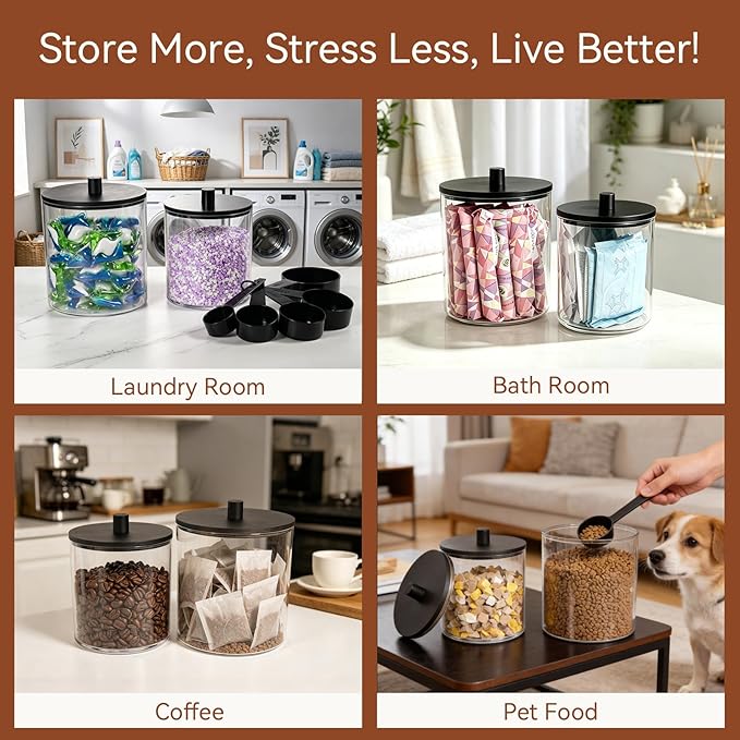 Amolliar Laundry Pods Storage Container, Clear Laundry Room Organization, 2 Pack Large Detergent Container with Bamboo Lids & 27 Labels for Bathroom Organizer (Black, 0.6+0.4Gal)