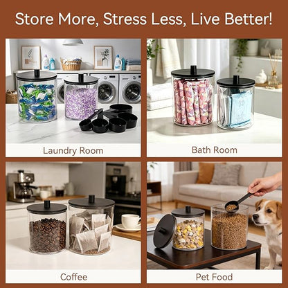 Amolliar Laundry Pods Storage Container, Clear Laundry Room Organization, 2 Pack Large Detergent Container with Bamboo Lids & 27 Labels for Bathroom Organizer (Black, 0.6+0.4Gal)