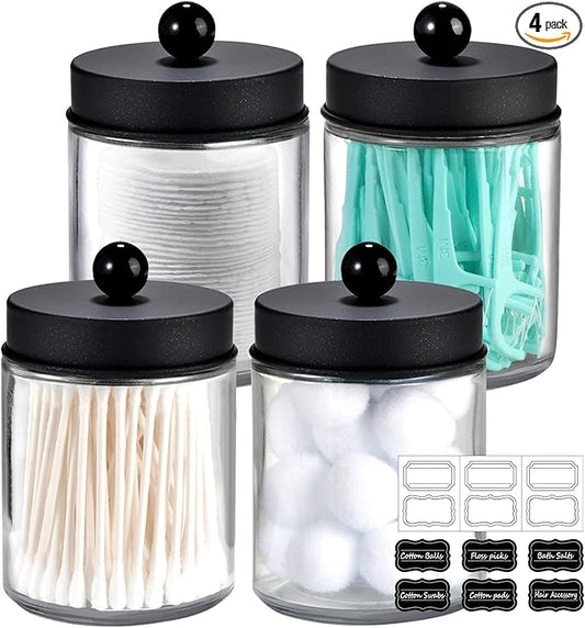 Amolliar 4 Pack Glass Apothecary Jars Bathroom Vanity Storage Organizer Set-Qtip Dispenser Holder with Stainless Steel Lids &Cute Stickers-Countertop Canister for Qtips,Cotton Swabs,Makeup Sponges