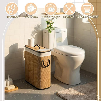 Leinuosen Bamboo Toilet Paper Storage Basket 8 Gallons/30 L Toilet Paper Organizer Holder with Lid Waterproof for Kitchen Bathroom Home(Walnut,Stylish)