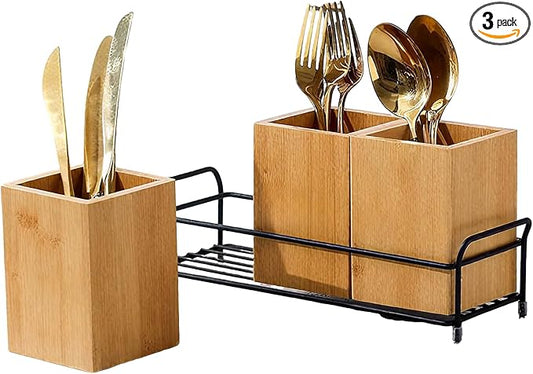 Garvee Bamboo Utensil Holder, Wood Cutlery Holder Silverware Caddy with 3 Detachable Compartments & Handles, Flatware Caddy Fork Spoon Knife Organizer for Kitchen Countertop Party