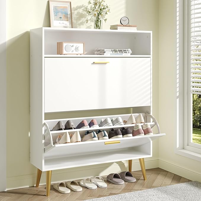 JOZZBY Shoe Cabinet Storage for Entryway, Freestanding Slim Shoe Organizer Cabinet with 2 Flip Drawers, Narrow Shoe Rack with Open Shelves for Hallway, Living Room, White