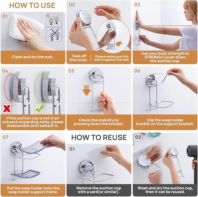 LEVERLOC Soap Dish Holder Suction Cup for Shower Wall Double Layer Drill-Free Waterproof Wall Mount Strong Suction Removable Bar Soap Sponge Holder for Bathroom Bathtub Kitchen, Chromed