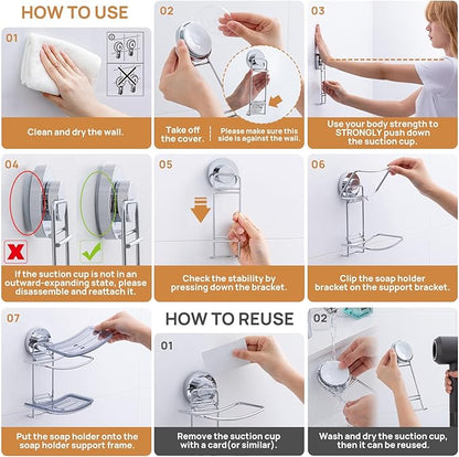 LEVERLOC Soap Dish Holder Suction Cup for Shower Wall Double Layer Drill-Free Waterproof Wall Mount Strong Suction Removable Bar Soap Sponge Holder for Bathroom Bathtub Kitchen, Chromed