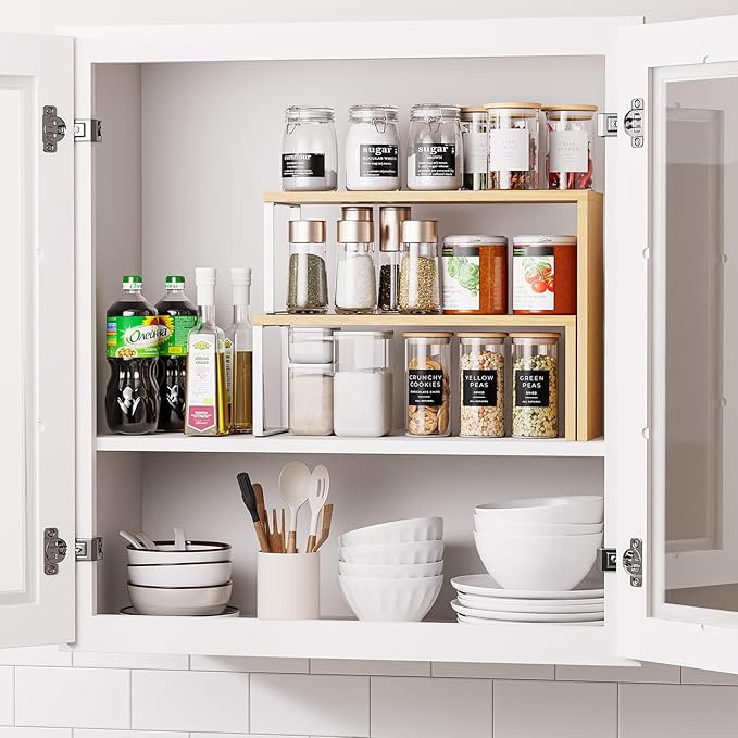 Cabinet Organizer Shelf, 2-Tier Kitchen Counter Organizer Corner Shelves Coffee Bar Organizers for Countertop Kitchen Storage Spice Rack