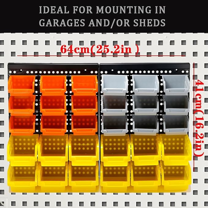 30-Bin Wall Mounted Storage Bins Kit, Tool Organizer Rack, Garage Hardware Organizer, Parts Storage Bins, DIY Combination(Grey & Orange & Yellow Type)