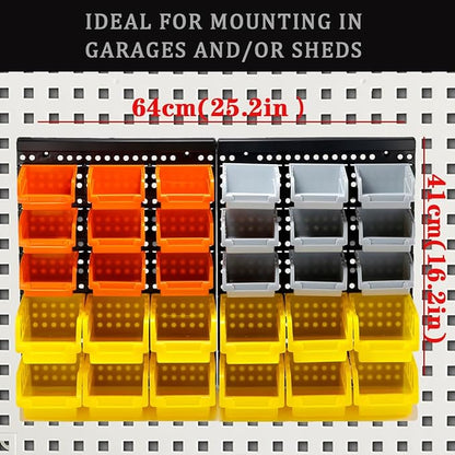 30-Bin Wall Mounted Storage Bins Kit, Tool Organizer Rack, Garage Hardware Organizer, Parts Storage Bins, DIY Combination(Grey & Orange & Yellow Type)