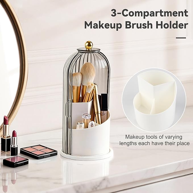 Hvygss 360° Rotating Makeup Brush Holder with Lid, Waterproof Three-Compartment Makeup Organizer, 180° Side-Pull Door Desk Organizer, Dustproof Brush Holder for Vanity and Bathroom (Grey)