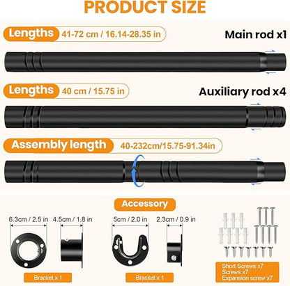 Adjustable Closet Rod - 17 to 84 Inch Heavy Duty Tension Rod for Hanging Clothes, Black Curtain Rod Ideal for Closets, Wardrobes, Bathrooms, and Laundry Rooms (17-57IN)