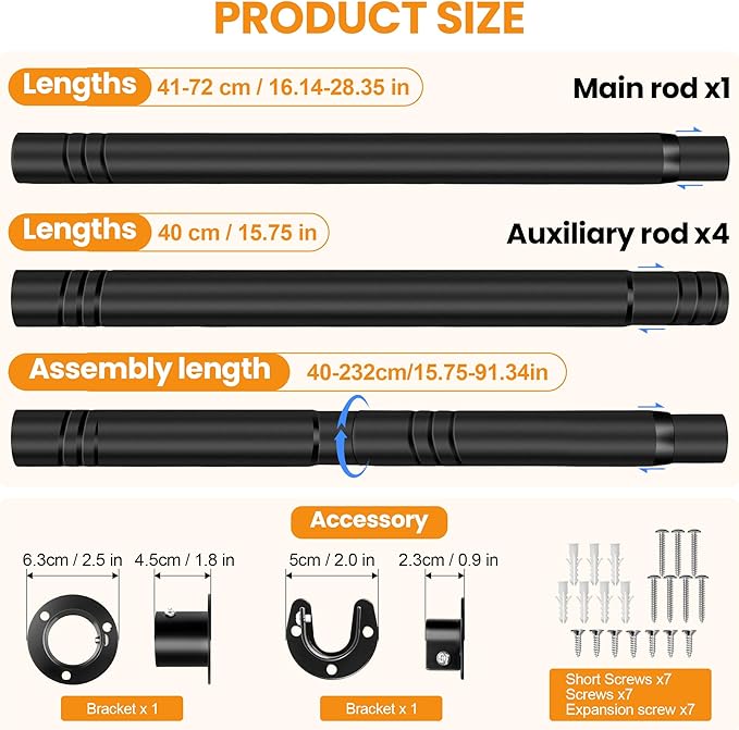 Adjustable Closet Rod - 17 to 84 Inch Heavy Duty Tension Rod for Hanging Clothes, Black Curtain Rod Ideal for Closets, Wardrobes, Bathrooms, and Laundry Rooms (17-70)