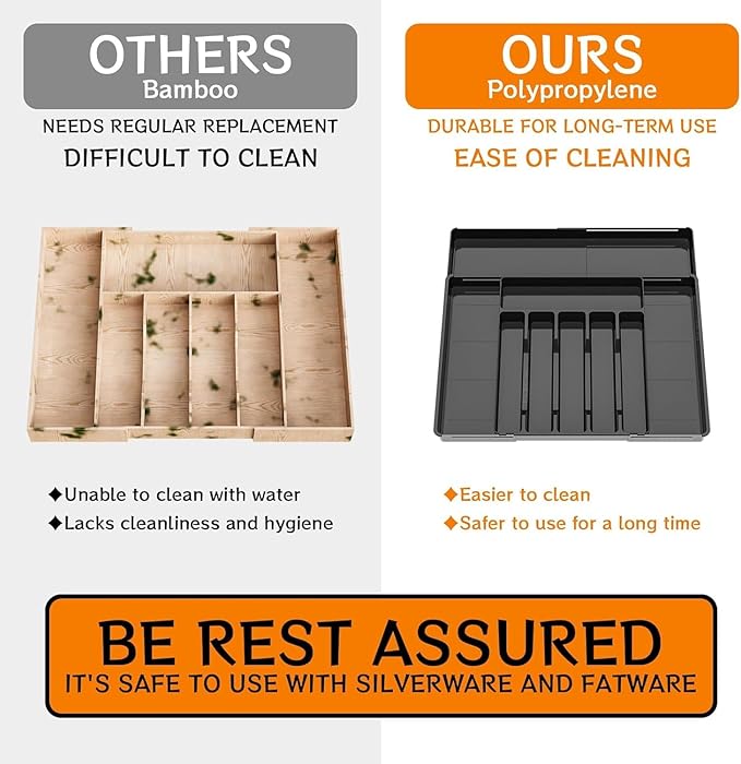 BPA-Free Expandable Utensil Drawer Organizer - Black Plastic Adjustable Storage Tray for Kitchen Flatware, Knives, Forks and Spoons