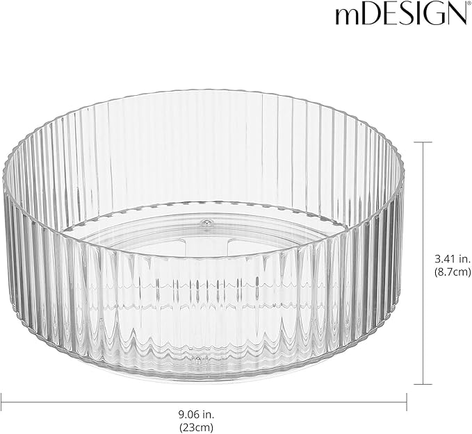 mDesign Fluted Lazy Susan Turntable Plastic Spinner for Kitchen and Bathroom Cabinet, Cupboard, Countertop Organizing, Rotating Organizer for Condiments, Jewelry, Accessories, 9" Round - 2 Pack, Clear