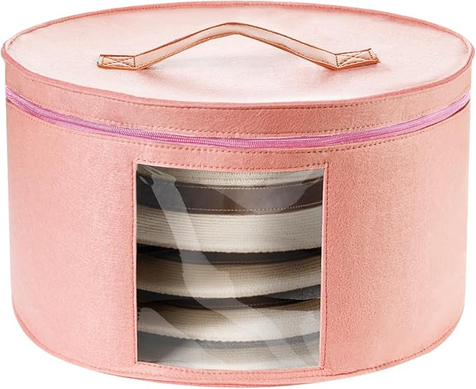 HEAVYWOOD Hat Box for Women Storage Travel Felt Hat Case for Wide-Brim Cowboy Hat Storage Foldable Organizer for Closet Large Round Hat Carrier with Portable Handle (Pink)