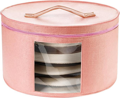 HEAVYWOOD Hat Box for Women Storage Travel Felt Hat Case for Wide-Brim Cowboy Hat Storage Foldable Organizer for Closet Large Round Hat Carrier with Portable Handle (Pink)