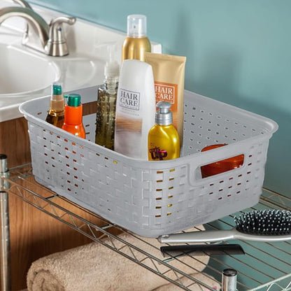 Sterilite Short Plastic Weave Storage Basket, Bin Organization for Countertops, Tabletops and Shelves for Crafts, Jewelry, Gray, 12-Pack