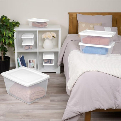 Sterilite 18 Pack Storage Boxes, Clear Plastic Stackable Containers, Lightweight Home Organizers with Snap Lids, 58 Quart, White