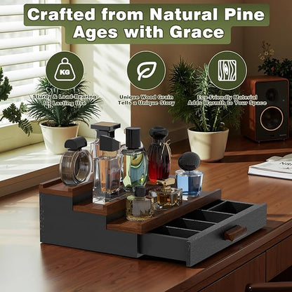Perfume Cologne Organizer for Men: 3 Tier Wooden Perfumes Stand, Desktop Parfum Holder Wood Display Shelf with Cabinet, Bedroom Dresser Makeup Lotion Jewelry Storage Rack with Drawer
