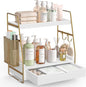 2-Tier Bathroom Counter Organizer with Drawer & Removable Basket, Wood & Metal Vanity Organizer for Skincare, Makeup, Perfume, Toiletries, Small Bathroom Counter Shelf, 13'' White Gold