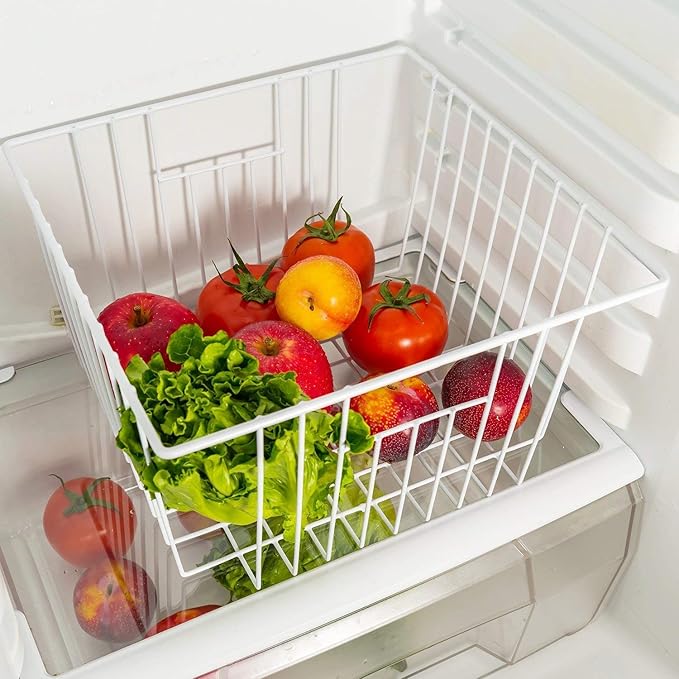 Freezer Organizer Baskets, Kitchen Metal Wire Storage Bins, Pantry Cupboard Household Container Dividers with Handles