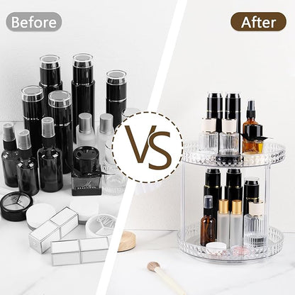 360 Clear Rotating Makeup Organize for Vanity,2 Tiers Lazy Susan with Diamond Pattern, Large-Capacity Skincare Organizers Cosmetic Display Case Organizer for Dresser (Clear White, 2Tiers)