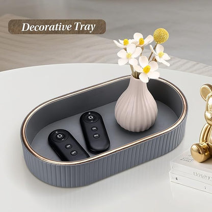 GORESE PU Leather Valet Tray Perfume Organizer, Oval Jewelry Trays Nightstand Organizer Key Bowl Trinket Dish for Dresser Bedside, Vanity Tray for Bathroom, EDC Trays for Men Women, 11×5.9 in, Gray